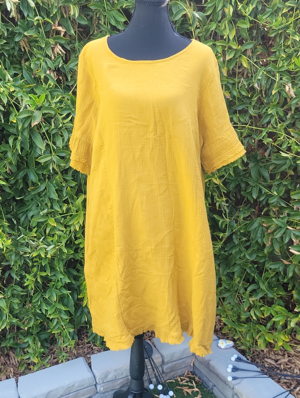 Dark Mustard Yellow Short Sleeve 100% Cotton Crinkle Oversized Lagenlook Dress L